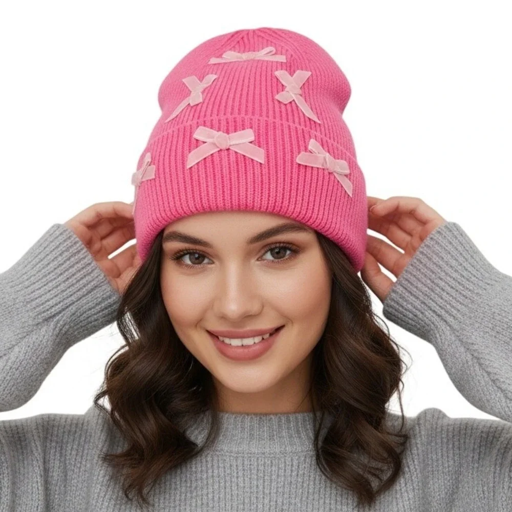 Simply Southern Preppy Solid‎ Pink COQUETTE Beanie Hat Bow Adorned NWT